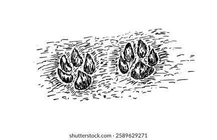 Hand drawn illustration of two sets of animal paw prints in dirt ground.