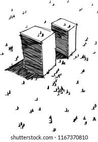 hand drawn illustration of two simple abstract modern futuristic buildings or towers with many people around