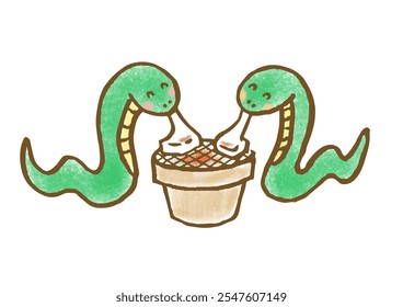 Hand drawn illustration of two snakes eating rice cakes