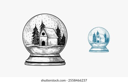 A hand drawn illustration of two snow globes each depicting a small cabin nestled amongst snow covered pine trees.