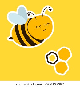 Hand drawn illustration two stickers of sleepy bee and honeycomb on yellow background