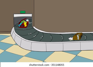 Hand drawn illustration of two torn suitcases in baggage claim scene