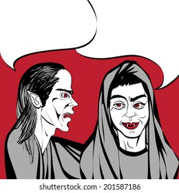 Hand drawn illustration of two vampires talking, funny pop art comic scene with speech bubble on a red background