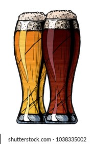 Hand drawn Illustration of Two Weizen glasses of different colored beer in vintage engraved style. Isolated on white background.