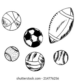 hand drawn illustration of types of balls for sports games, set, doodle 