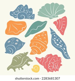 Hand drawn illustration under the water life. Set of sea shells. Mollusk different forms. Orange, Blue, Pink, Gray-green. For the design of postcards, posters, invitation flyers