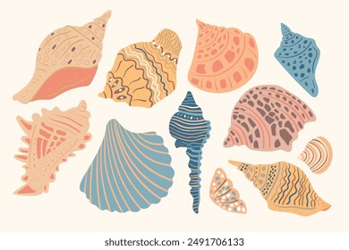 Hand drawn illustration under the water life. Set of sea shells. Mollusk different forms. Orange, Blue, Pink, brown