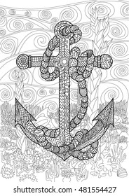 Hand drawn illustration of an underwater anchor and rope in the zentangle style. Sketch for tattoo, poster, print, t-shirt in zendoodle style. Adult antistress coloring page. Vector.
