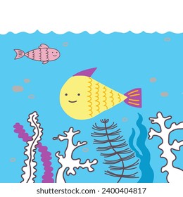 Hand drawn illustration of underwater world with sea animals