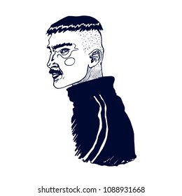 Hand drawn illustration of unfriendly football fan man with trendy short haircut wearing black striped sport suit. Isolated vector on a white background.