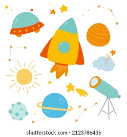 Hand drawn illustration of universe elements.
