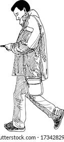 hand drawn illustration of an urban man walking and holding a smartphone carrying handbag in a white background