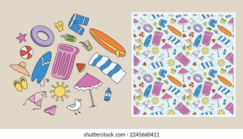 Hand Drawn Illustration Vacation Beach Clip Art Doodle Vector Set