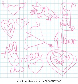 Hand drawn illustration of Valentine's Day original doodles over math paper