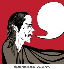 Hand drawn illustration of a vampire speaking, pop art comic scene with speech bubble on a red background