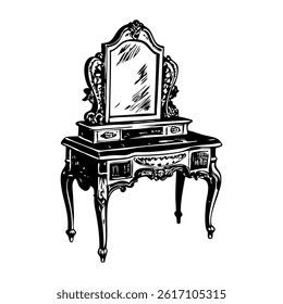 A hand drawn illustration of a vanity table 