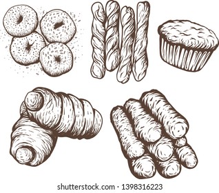 Hand drawn illustration of various breads: bagel, baguette, roll, croissant  and muffin.