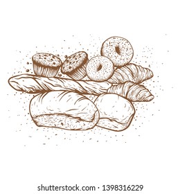 Hand drawn illustration of various breads: bagel, baguette, roll, croissant  and muffin.