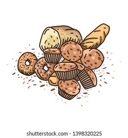 Hand drawn illustration of various breads: bagel, baguette, roll and muffin.