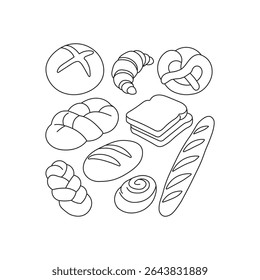 Hand drawn illustration of various breads and pastries in vintage style. Includes croissant, baguette, pretzel, toast, and more. Perfect for bakery, menu, or food packaging design.