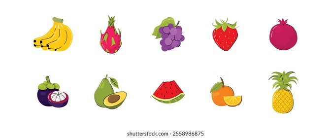 Hand Drawn Illustration of Various Colorful Fruits, Colored flat vector illustration isolated on white background