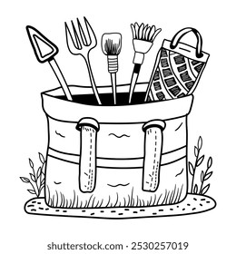 Hand drawn illustration of various farm tools in a canvas bag