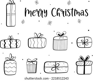 Dibujo a mano en varias formas de cajas de regalo de Navidad. Diseño de boceto lindo para pegatinas. Gran elemento de diseño para tarjetas de Navidad.
