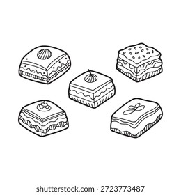 Hand drawn illustration of various square shaped sweets and desserts