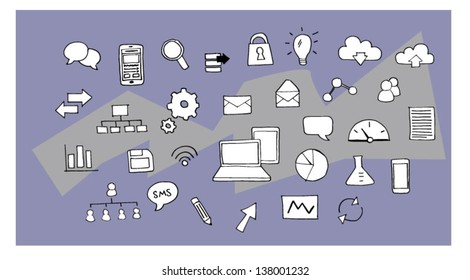 Hand drawn illustration various technology and business icons
