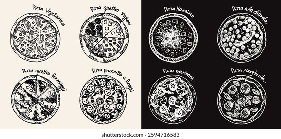 Hand drawn illustration of various types of  pizza. Dish collection template for menu design. Engraved style hand drawn sketch, vector illustration. 