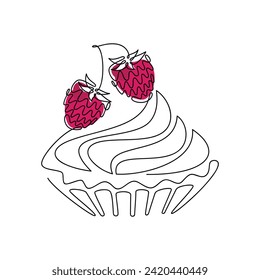 Handgezeichnete Illustration. Vektor cake Himbeermuffin cremiger Cupcake. Einzeilige fortlaufende Zeichnung. Lineares Nachtisch-Symbol. Essensdruck, Banner, Karte, Broschüre, Bakery Logo, Kaffeemarke Zeichen, Symbol, Café Menü.