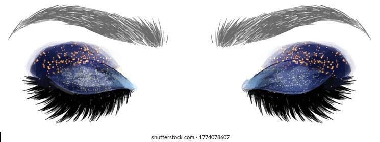 Hand drawn illustration vector closed eyes dark blue galaxy gold glitter eyeshadow makeup designer 