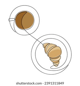 Hand drawn illustration vector. Coffee cup with croissant line continuous drawing. Cooking icon, print, kitchen banner, card, food logo, brochure, menu, bakery shop, sign.