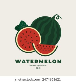 hand drawn illustration vector of cute isolated flat minimal motif watermelon doodle-style design. For poster, sticker, banner, artwork, social media