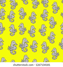 Hand drawn illustration. Vector design. Turquoise sea life. Summer exotic symbol. Black, white and yellow Funny Sea Horse. Simple marine pattern. Seahorse seamless background. Watercolor illustration.