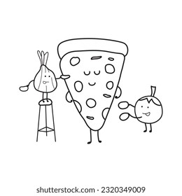 Hand drawn illustration vector graphic Kids drawing style funny cute pizza with tomato and onion in a cartoon style by wordspotrayal