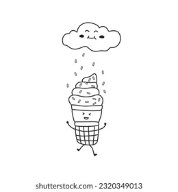 Hand drawn illustration vector graphic Kids drawing style funny cute ice cream playing in the sprinkles rain in a cartoon style by wordspotrayal