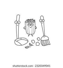 Hand drawn Illustration vector graphic Kids drawing style funny cute broom dustpan and trash bin in a cartoon style by wordspotrayal