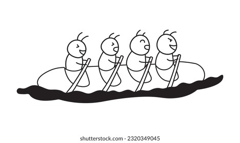 Hand drawn illustration vector graphic Kids drawing style funny cute ants ride a long bread kayak boat in a cartoon style by wordspotrayal