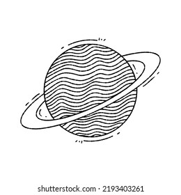 Hand drawn illustration vector graphics of Saturn planet in black outline, suitable for astrology content 