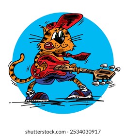 Hand drawn illustration, vector graphics, cat with guitar, caricature, eps