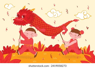 Hand Drawn Illustration Vector Kids Celebrate Year of the Dragon