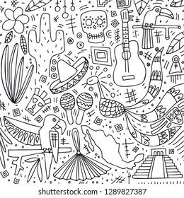 Hand drawn illustration. Vector objects set. Mexican culture. Doodle style sketch.