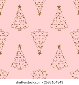Vector de ilustración dibujado a mano del patrón de oro del árbol de Navidad sin costuras. Estampado festivo rosa para papel de regalo. Felices Navidades y Feliz Año Nuevo