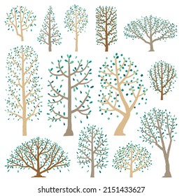 Hand drawn illustration vector set of side view trees isolated on white background.