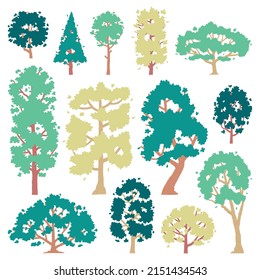 Hand drawn illustration vector set of side view trees isolated on white background.