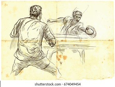 An hand drawn illustration, vector. Sport, TABLE TENNIS, Ping-Pong. Line art techniques, drawing.