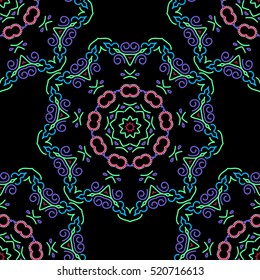 Hand drawn illustration. Vector vintage floral ornament. Oriental style. Damask seamless pattern in green and violet colors. Design for fabric, wallpaper, textile, invitation, wrapping and book covers