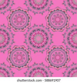 Hand drawn illustration. Vector vintage ornament. Damask seamless pattern in green and pink colors. Design for fabric, wallpaper, background, invitation, wrapping and book covers. Oriental style.