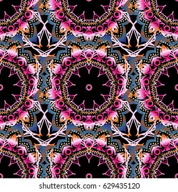 Hand drawn illustration. Vector vintage ornament. Damask seamless pattern in green and pink colors. Design for fabric, wallpaper, background, invitation, wrapping and book covers. Oriental style.